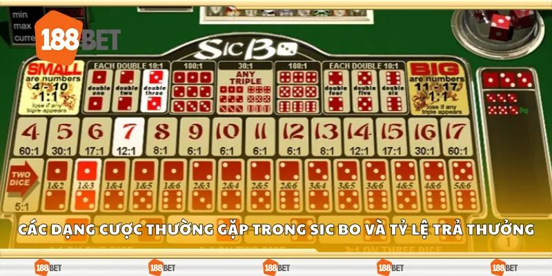 Các dạng cược thường gặp trong Sic Bo và tỷ lệ trả thưởng